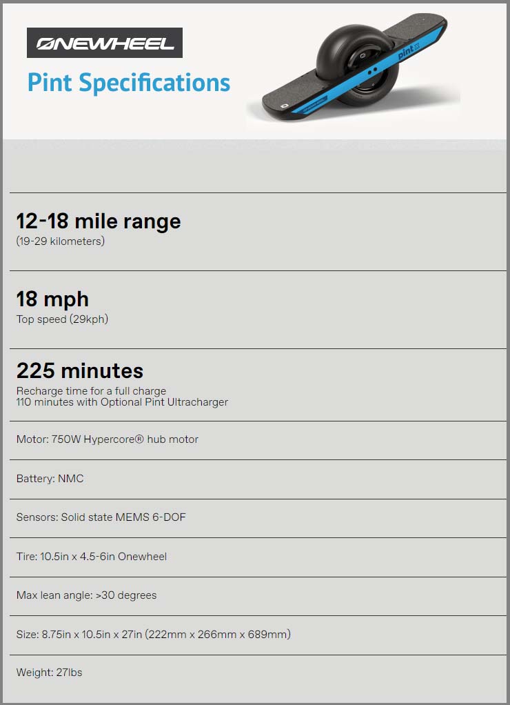 One Wheel Pint X Specifications