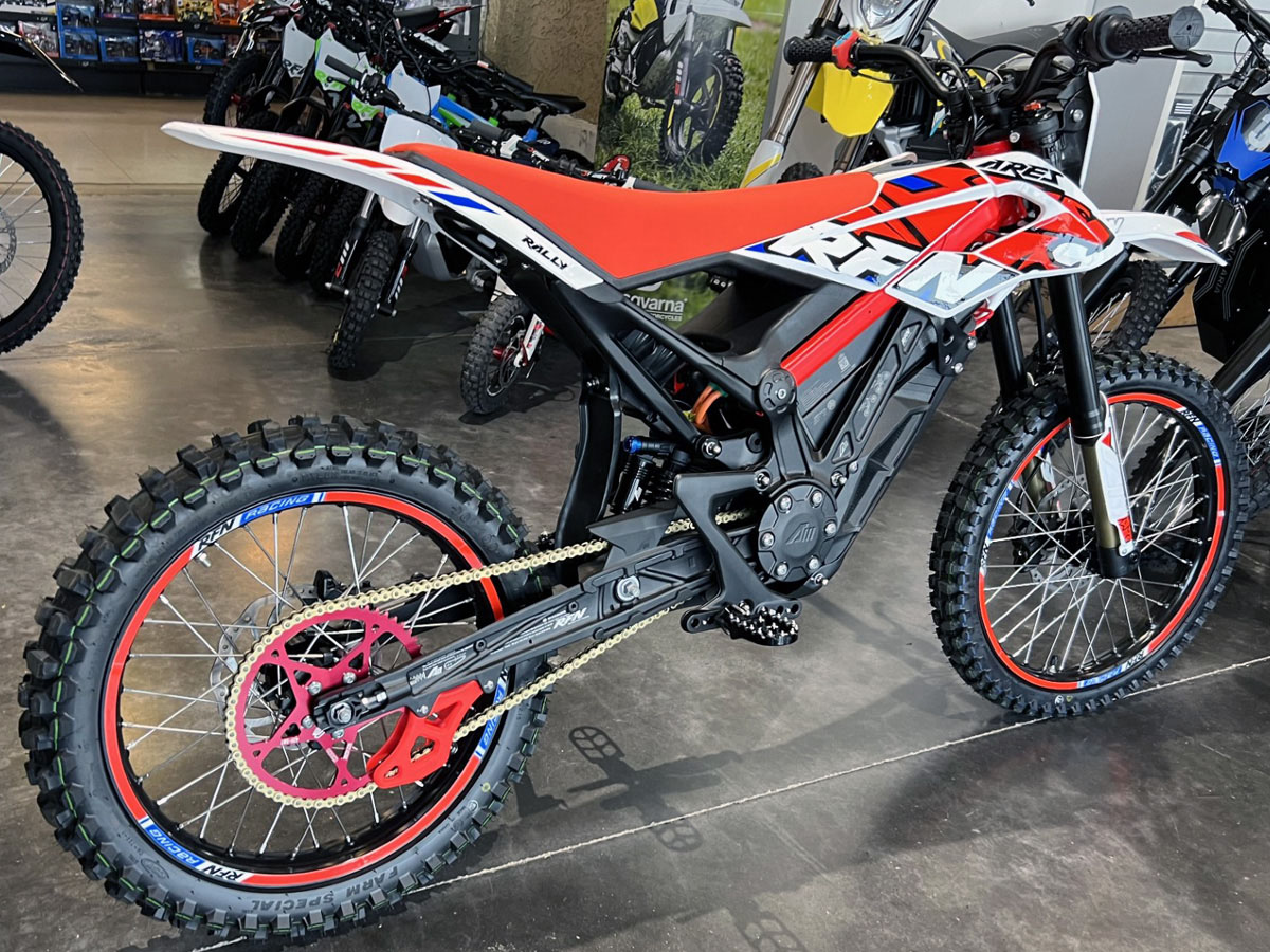 RFN ARES E-dirt Bike Red and White Rear Angle View