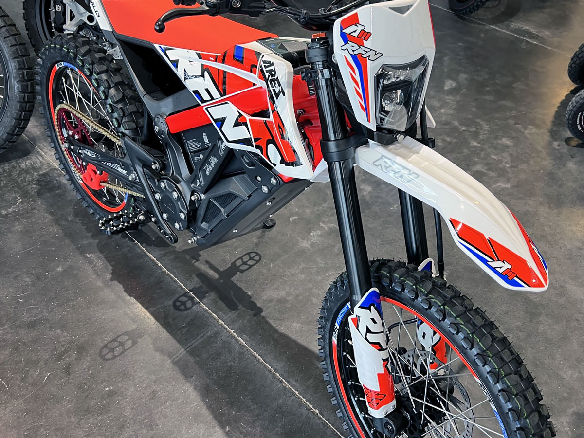 RFN Electric Dirt Bike in White and Red - Front Angle View