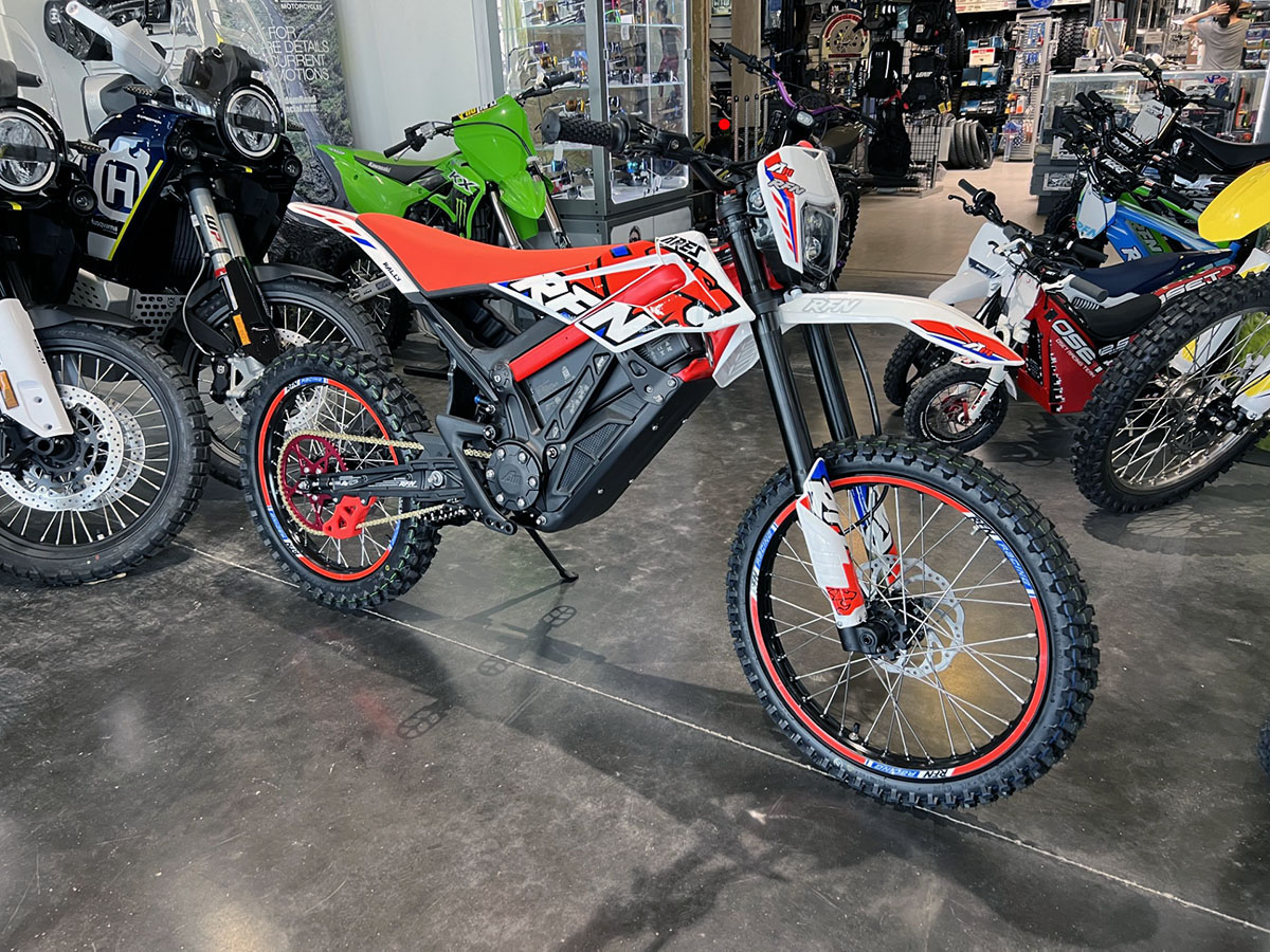 White and Red RFN Ares Electric Dirt Bike Deluxe White and Red RFN Ares Electric Dirt Bike Deluxe